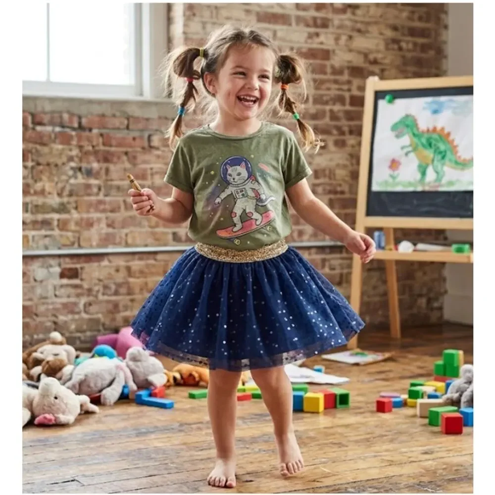 OshKosh B'gosh Navy Blue Sequin Tulle Tutu Skirt Gold Glitter Glam Size 12M